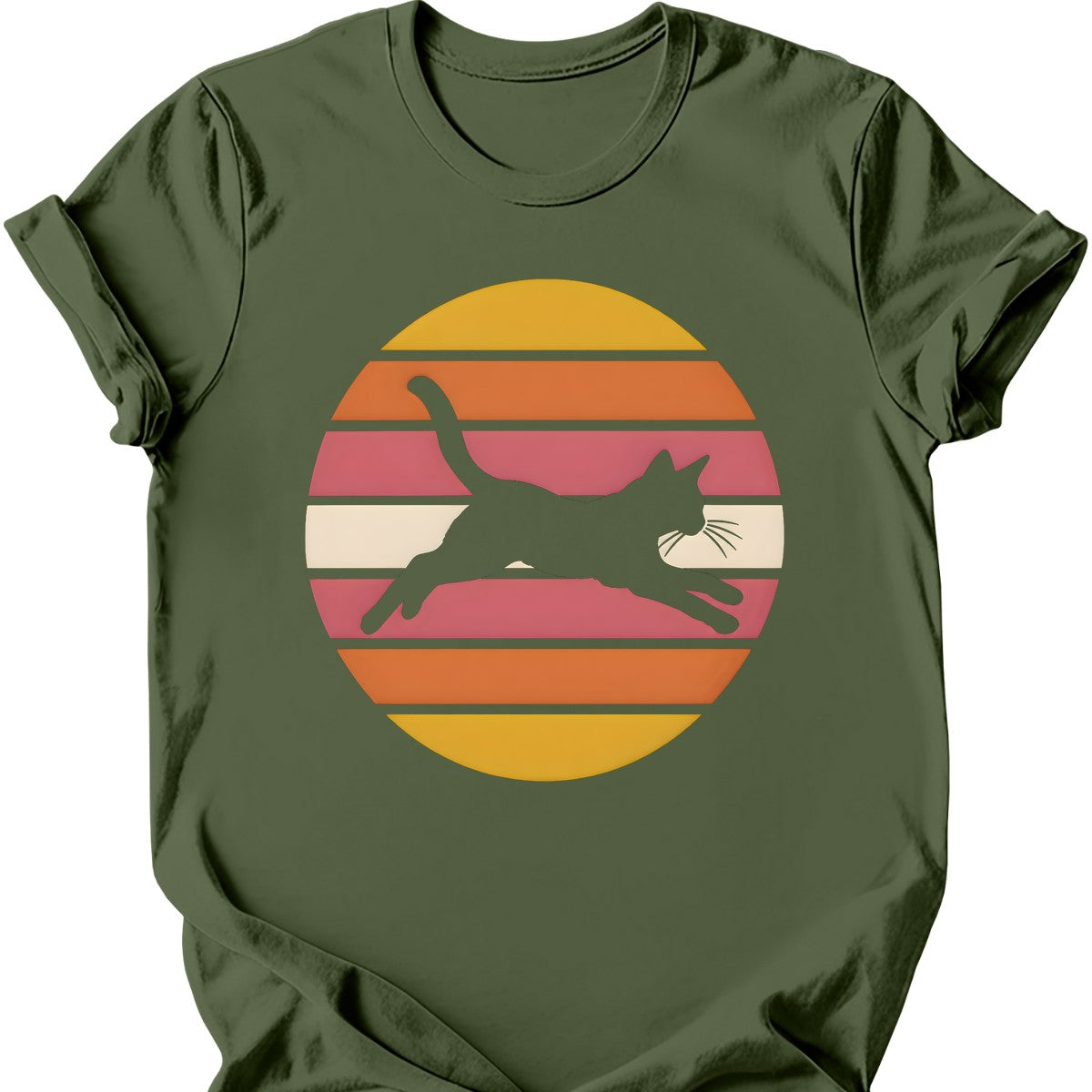 Sunset Pounce Cat T-Shirt — Military Green