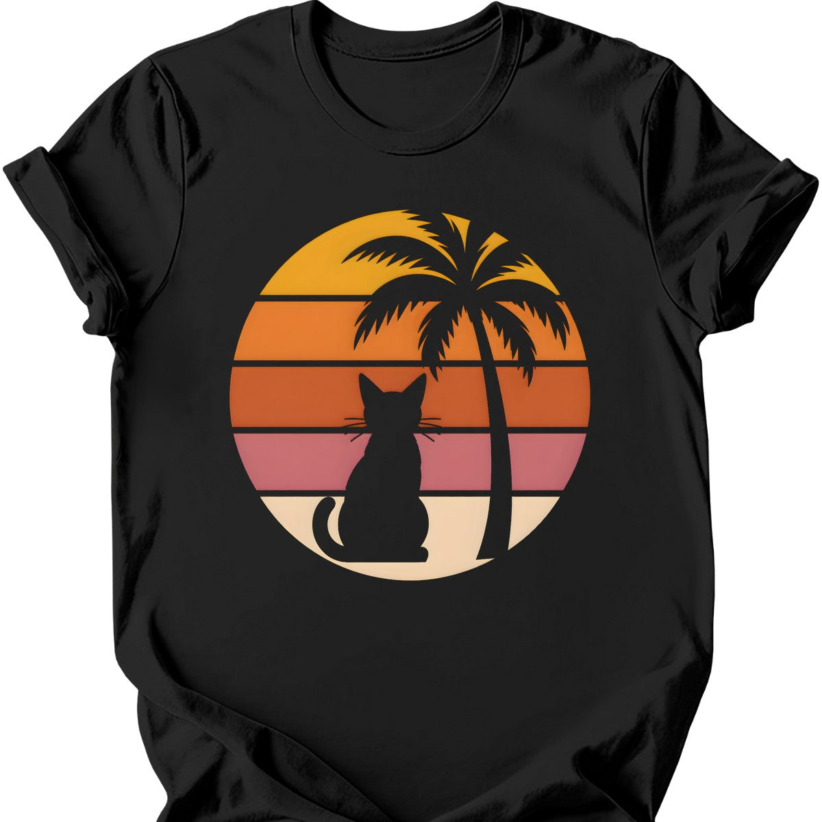 Palm Tree Sunset Cat T-Shirt — Black
