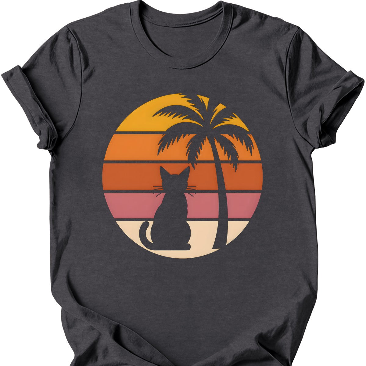 Palm Tree Sunset Cat T-Shirt — Dark Heather