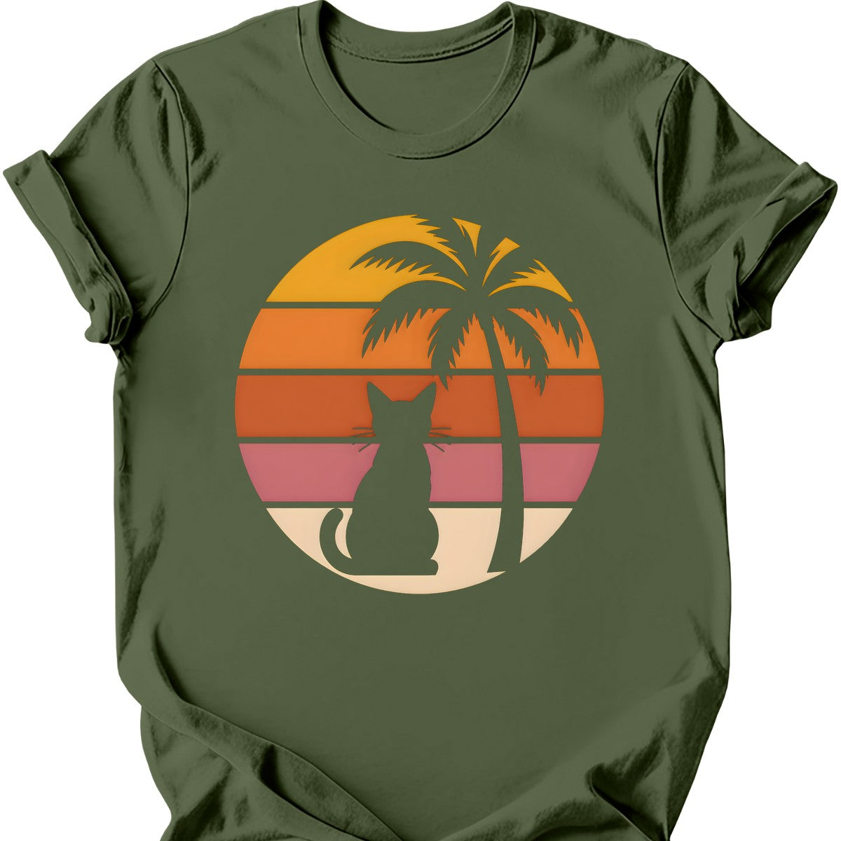 Palm Tree Sunset Cat T-Shirt — Military Green