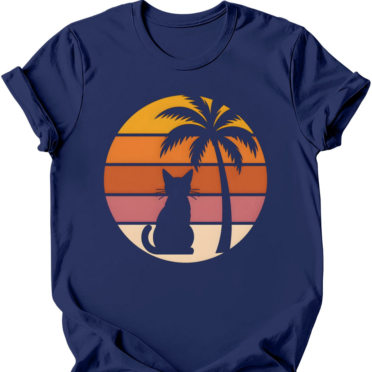 Palm Tree Sunset Cat T-Shirt — Navy