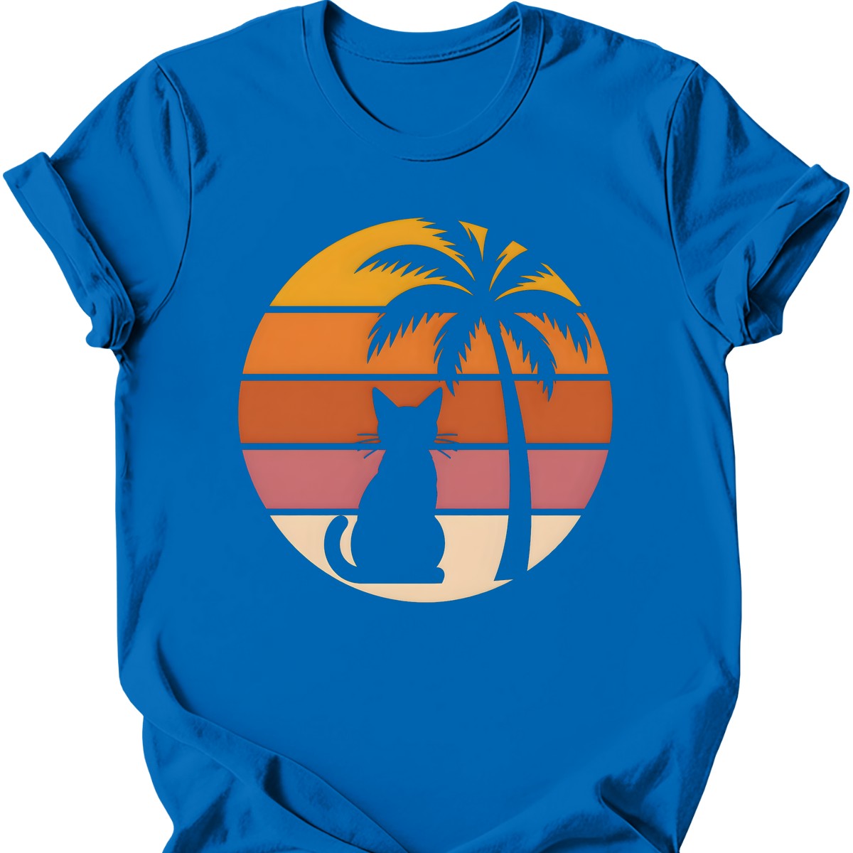 Palm Tree Sunset Cat T-Shirt — Royal