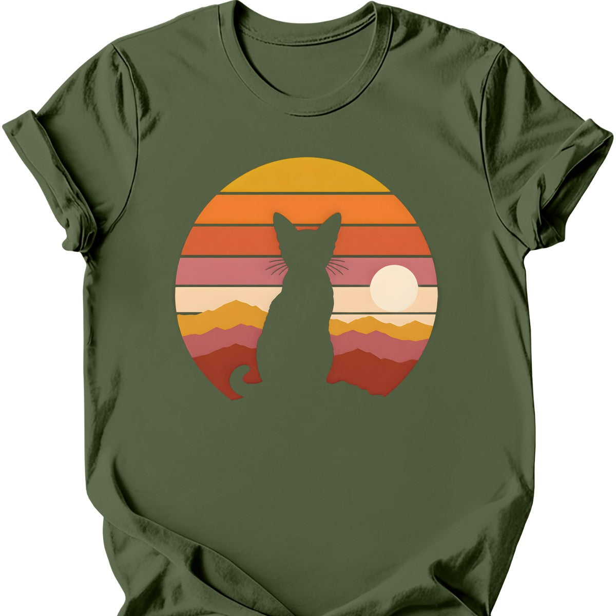 Mountain Sunset Cat T-Shirt — Military Green