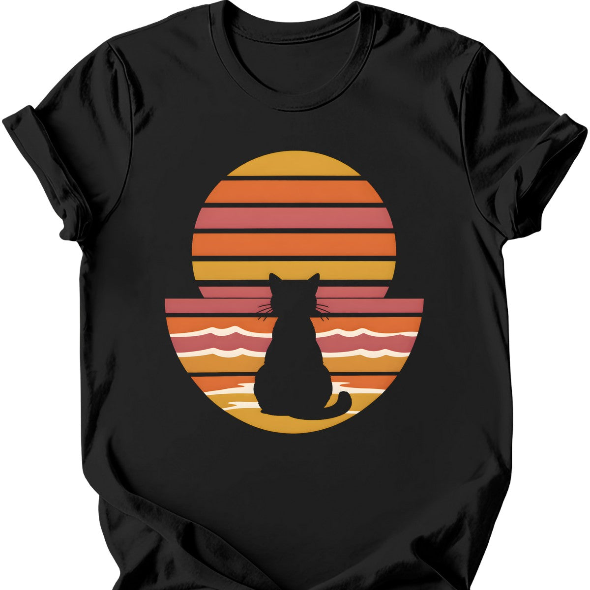 Beach Sunset Cat T-Shirt — Black