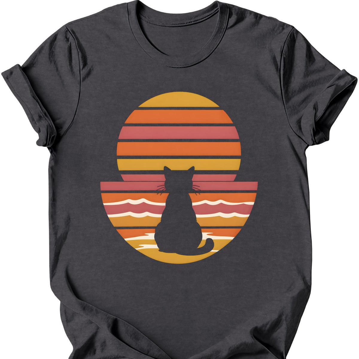 Beach Sunset Cat T-Shirt — Dark Heather