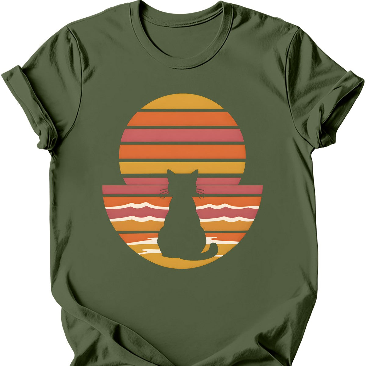 Beach Sunset Cat T-Shirt — Military Green