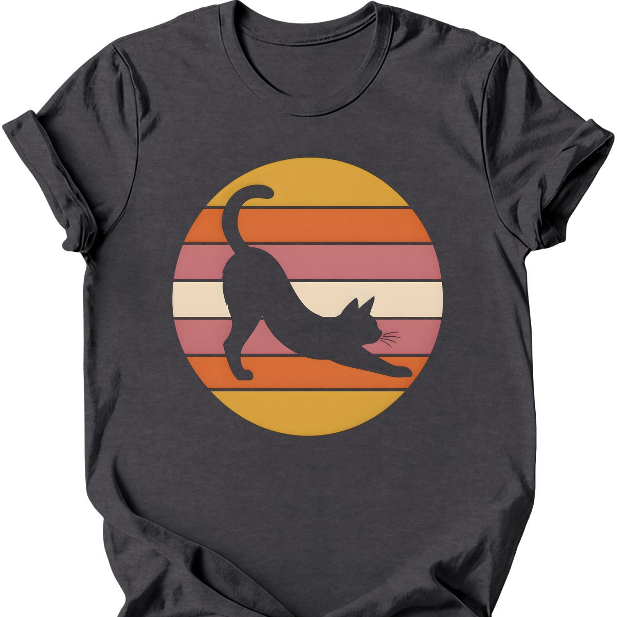 Big Stretch Sunset Cat T-Shirt — Dark Heather