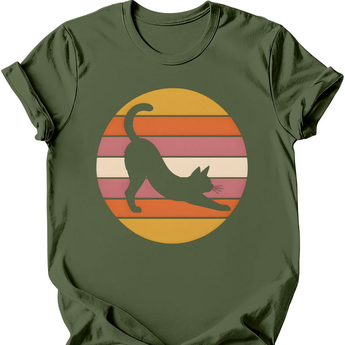 Big Stretch Sunset Cat T-Shirt — Military Green