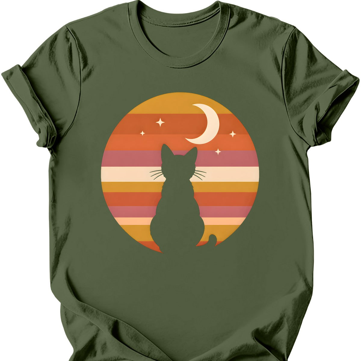 Crescent Moon Cat T-Shirt — Military Green