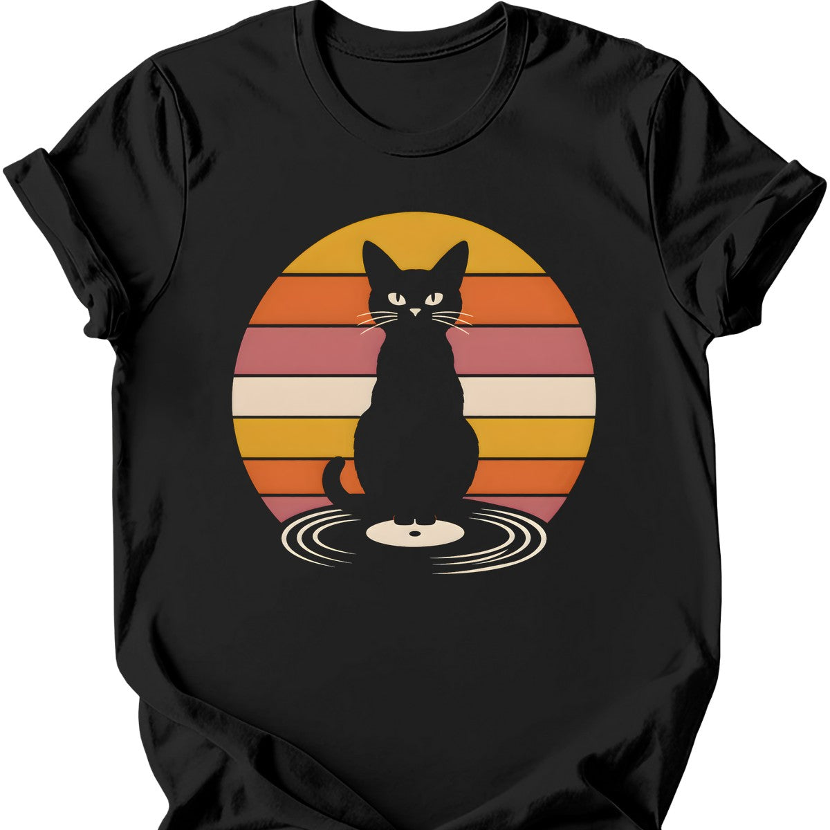 Vinyl Record Sunset Cat T-Shirt — Black