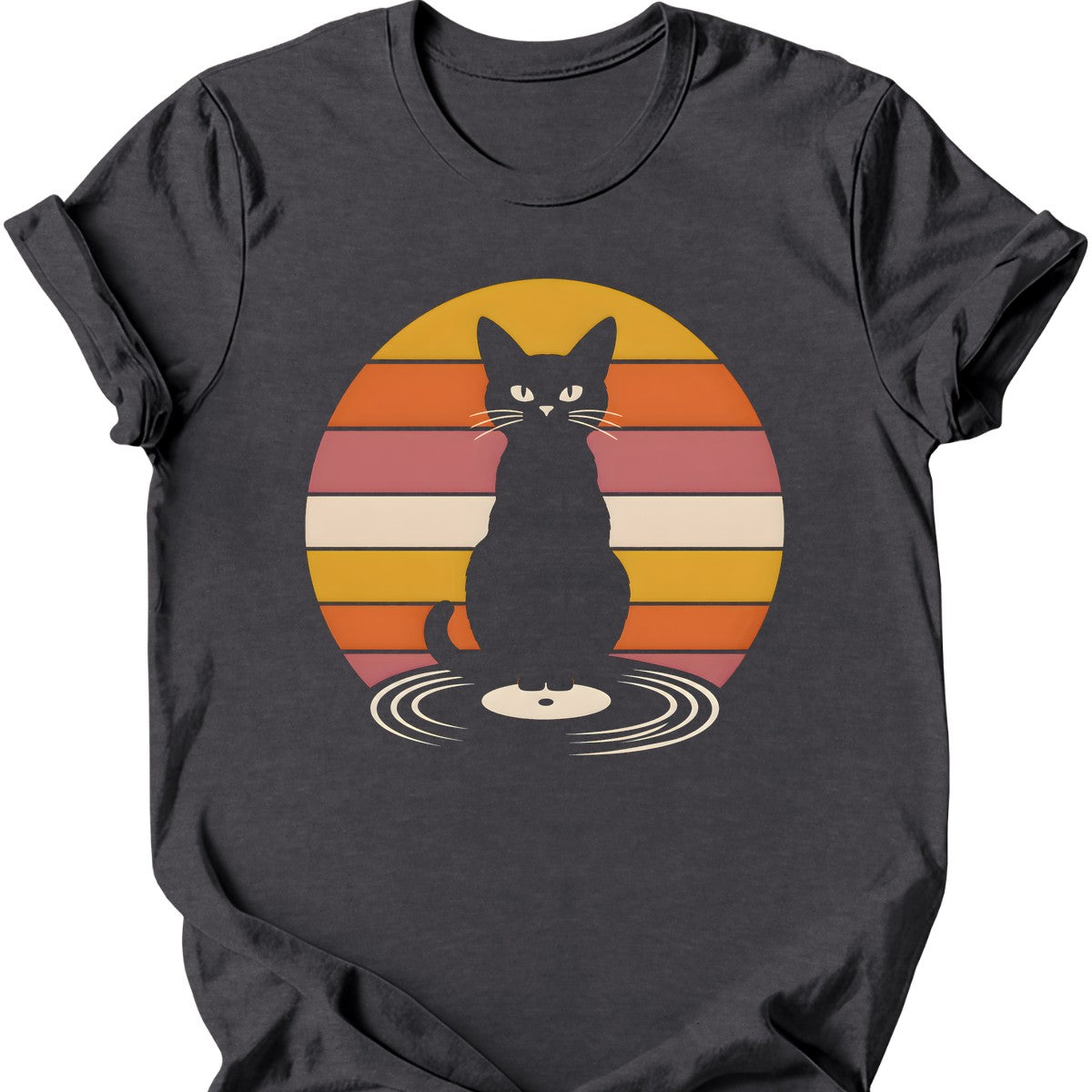 Vinyl Record Sunset Cat T-Shirt — Dark Heather