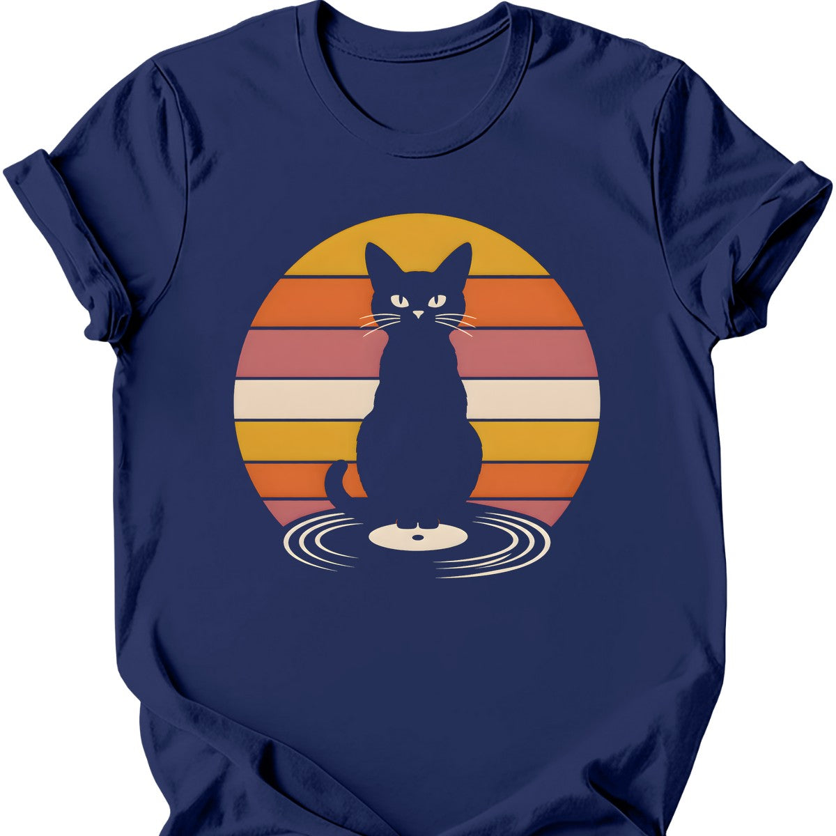 Vinyl Record Sunset Cat T-Shirt — Navy
