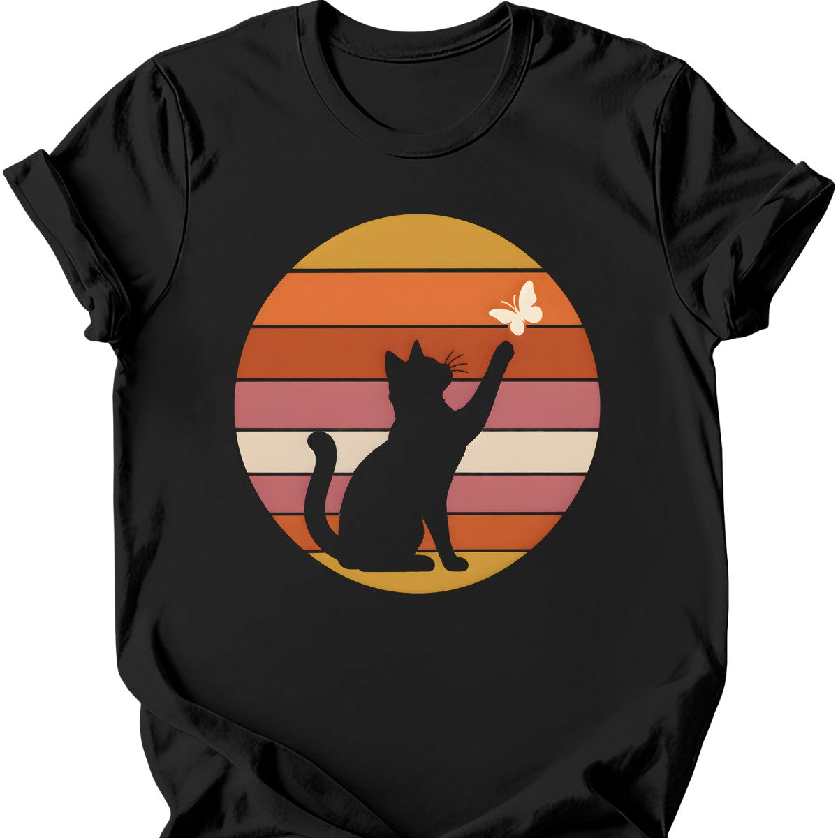 Butterfly Sunset Cat T-Shirt — Black