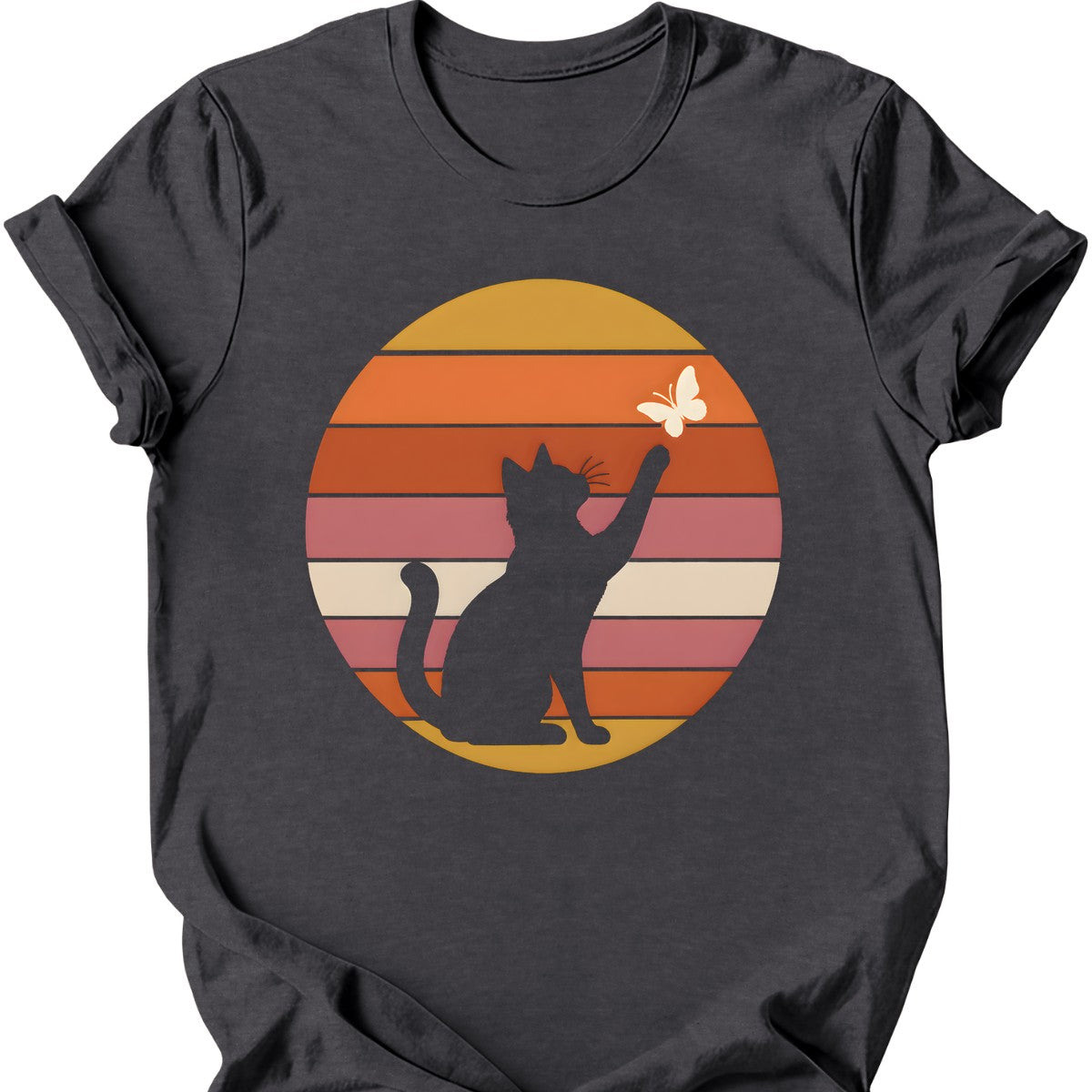 Butterfly Sunset Cat T-Shirt — Dark Heather