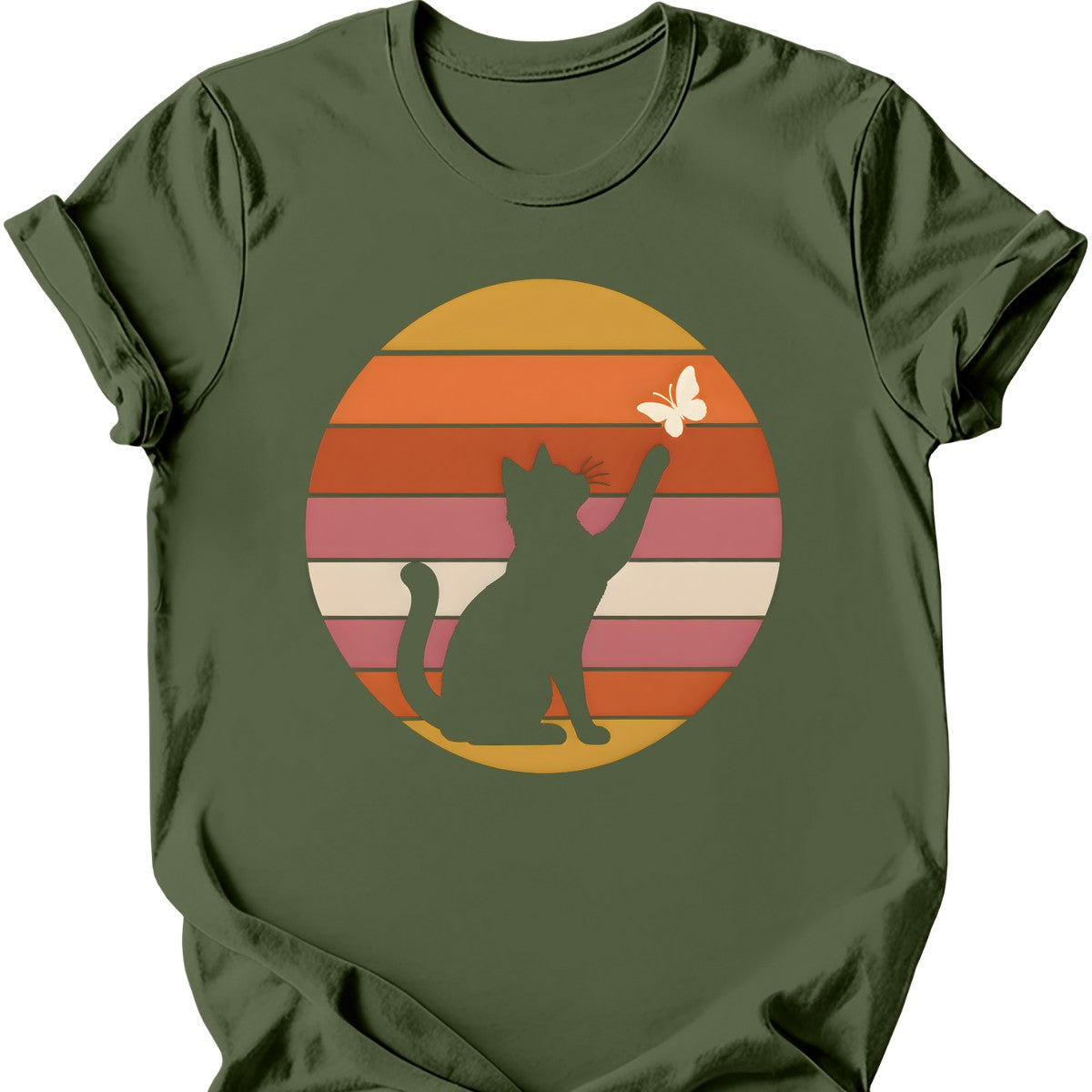 Butterfly Sunset Cat T-Shirt — Military Green
