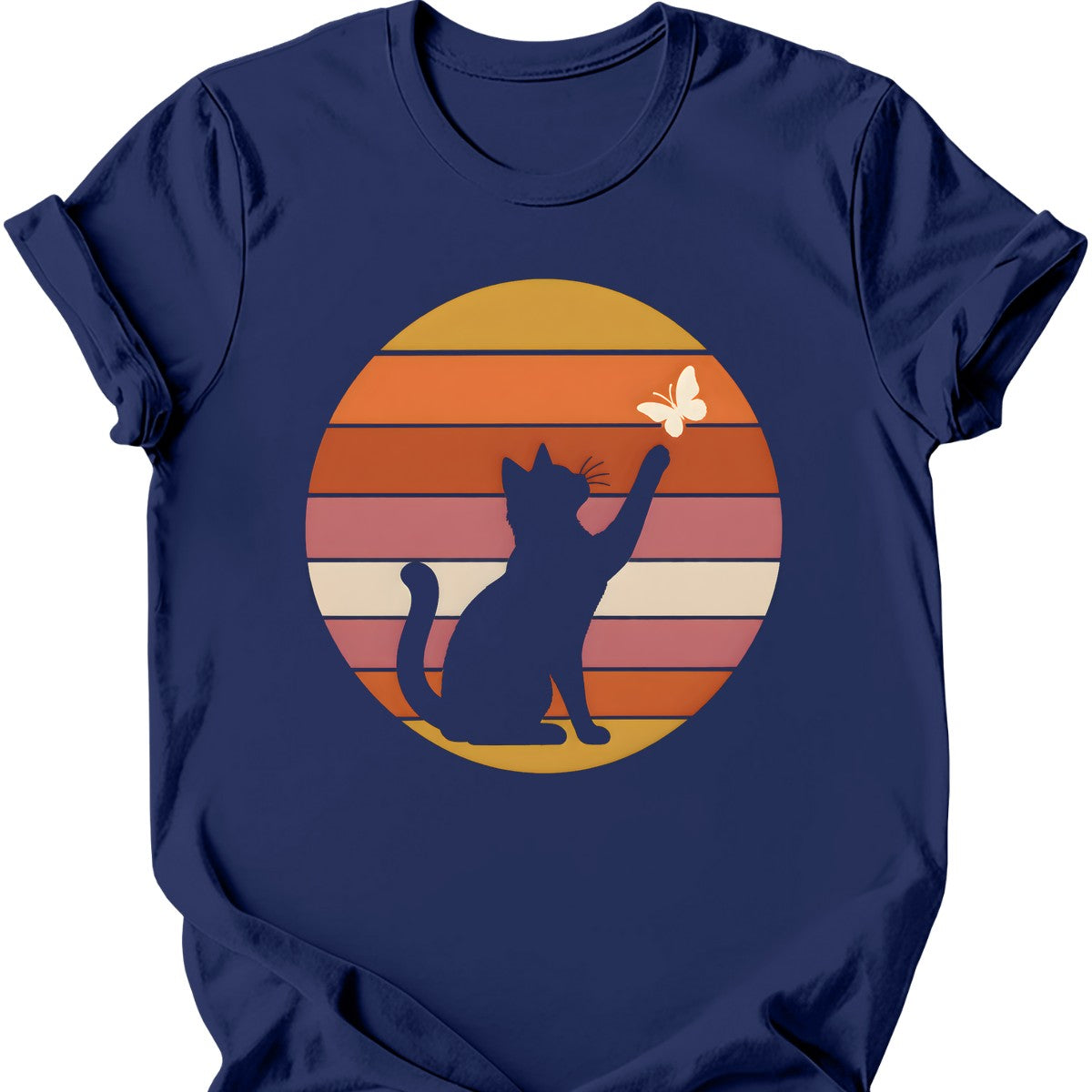 Butterfly Sunset Cat T-Shirt — Navy